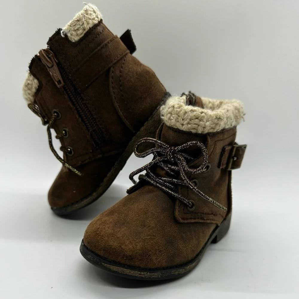 Toddler Ankle Slightly Distressed Brown Lace Up Side Zip & Buckle Knit Top Boots